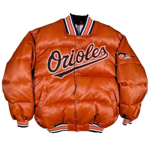 90’S Baltimore Orioles Puffer Orange Satin Jacket