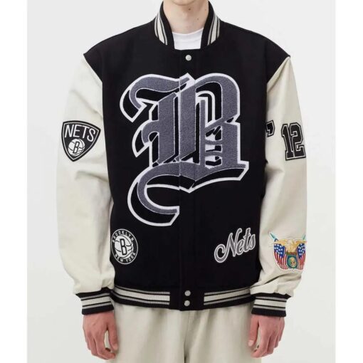 Brooklyn Nets 12 Letterman Black Wool And Leather Jacket