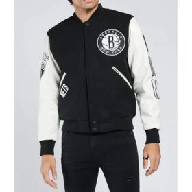 Brooklyn Nets Logo Black and White Letterman Jacket