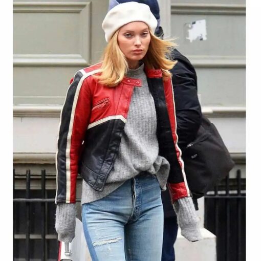 Elsa Hosk Red And Black Biker Leather Jacket