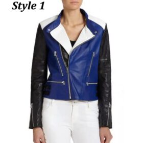Women’s Motorcycle Fashion Color Block Leather Jacket